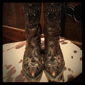 Corral Black/Brown Crystal Heart Boots  8 1/2